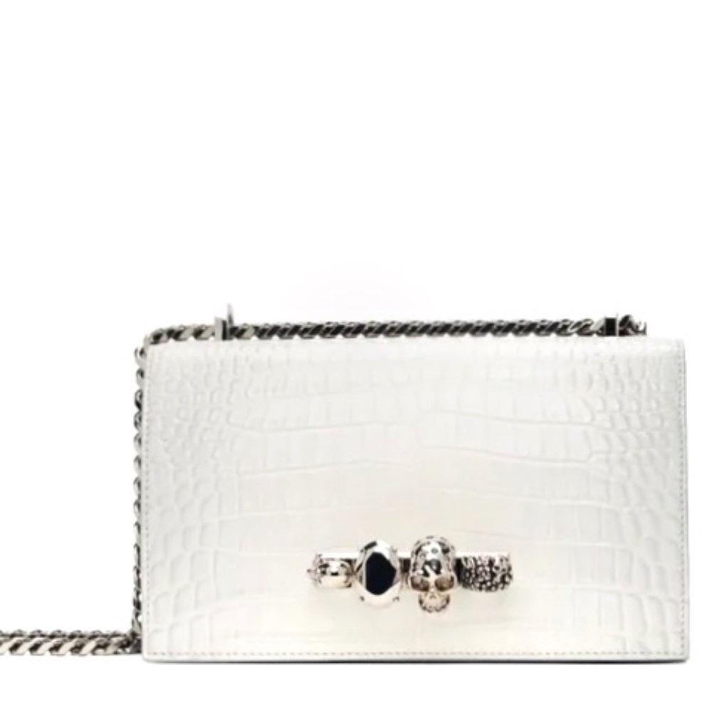 Alexander Mcqueen Ivory Grey Croc Embossed Shoulder Bag New With Tags